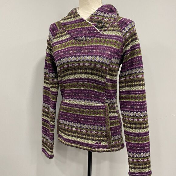 KOPPEN S Purple Nordic Fair Isle Sherpa Hooded Knit Sweater Pullover Ski Winter - Picture 5 of 16